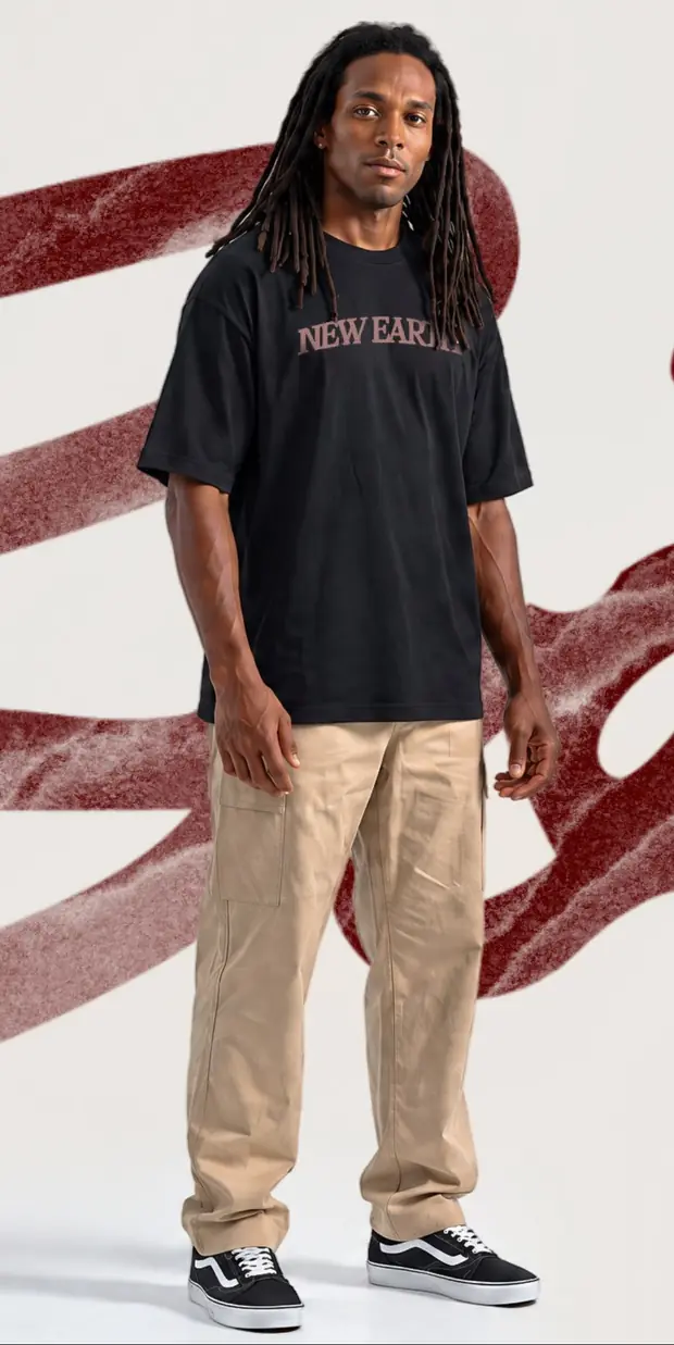 Homem de dreads vestindo a camiseta preta Made New, vista de frente